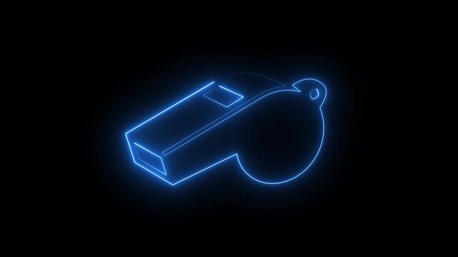 Blue neon whistle icon sign with glowing referee sports equipment isolated on black background.