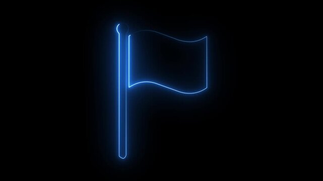 Blue neon flag icon sign with glowing banner on flagpole isolated on a black background.