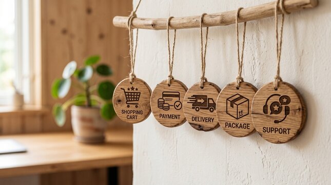 E-commerce wooden hang tags with shopping cart, payment, delivery, package and support icons hanging on branch