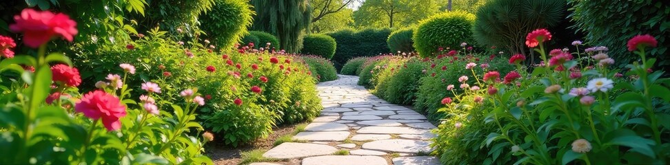 Fototapeta premium A winding garden pathway, paved with natural stone, meanders through lush greenery and vibrant flowers, leading to a tranquil destination , serene, outdoor scene, gravel
