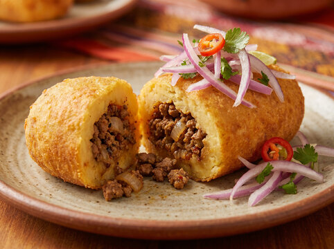 Peruvian Food: Papa Rellena, with delicious minced meat, onion and Creole sauce.
