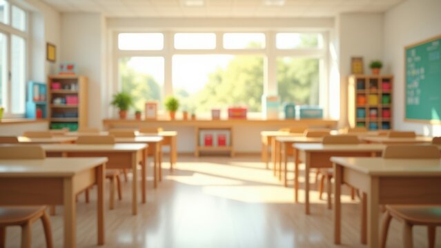 bright airy modern empty elementary school classroom with natural light and clean wood desks for back to school marketing design