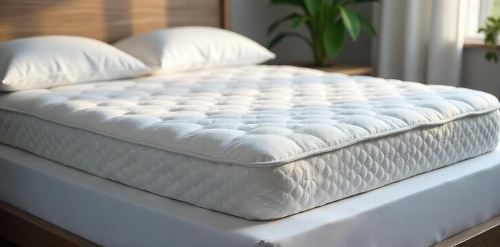 A plush, supportive mattress lies neatly on a crisp white fitted sheet, ready for a restful night's sleep The soft lighting accentuates the luxurious texture and inviting comfort , plush, sheets