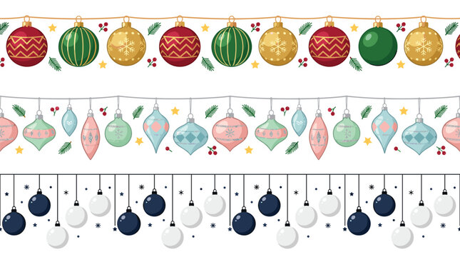Christmas seamless border vector set with holiday hanging ornaments baubles stars and holly berries for festive 