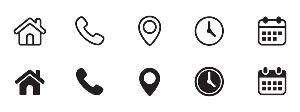 Interface icon set, phone receiver home location pin clock calendar clean vector illustration for contact navigation scheduling and planning
