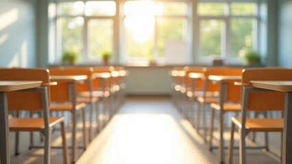 Fototapeta premium brightly lit modern empty elementary classroom rows of desks natural sunlight ready for back to school educational advertising setting