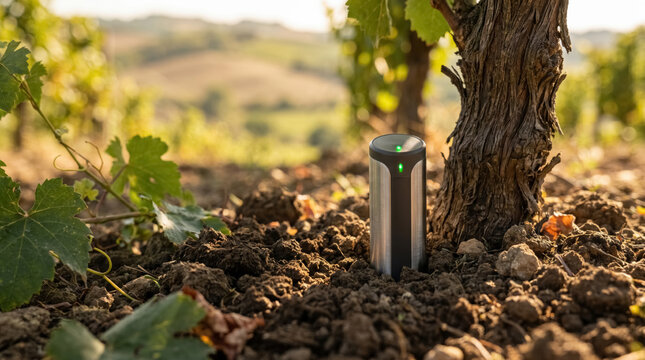 Smart soil sensor in vineyard near grapevine, precision viticulture and IoT agriculture technology concept.