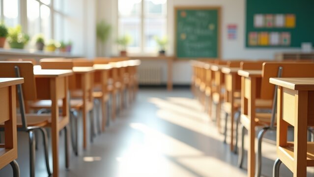 bright airy empty elementary classroom ready for back to school advertising natural light composition with negative space for marketing copy