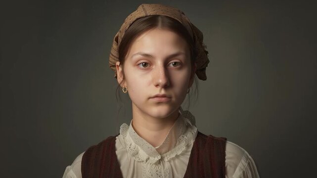 RITRATTO ARTISTICO DI GIOVANE DONNA IN STILE DIPINTO CLASSICO, ATMOSFERA VINTAGE E INTENSIT&Agrave; ESPRESSIVA	