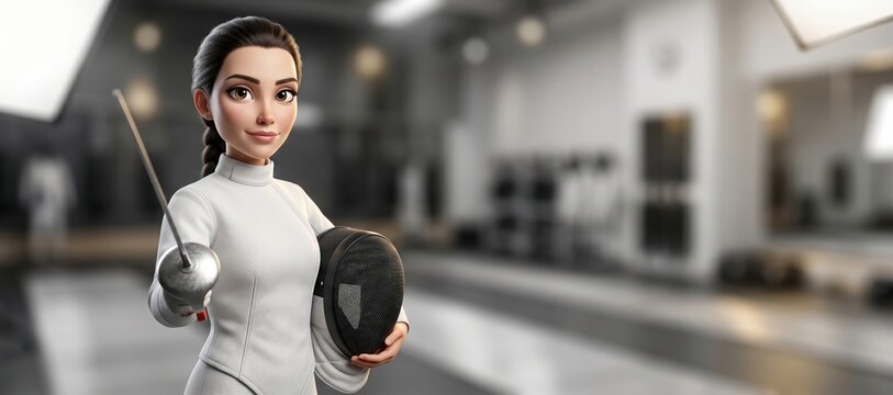 Caricature fencing enthusiast holding epee and mask in training studio