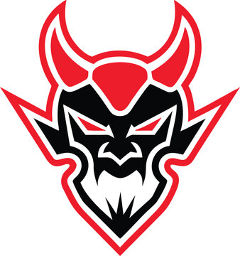 Aggressive red and black devil head mascot with sharp horns and a menacing expression for powerful branding