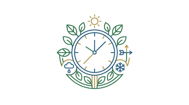 Clock with seasonal weather elements and leaves illustration.