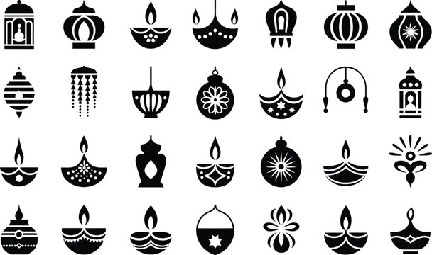 Collection of various lantern and diya oil lamp icons for traditional festival of lights event
