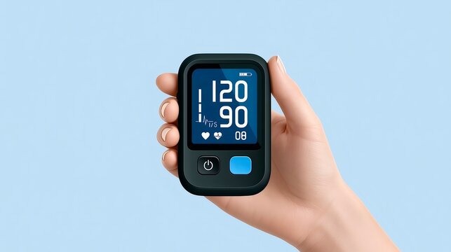Hand holding portable blood pressure monitor measuring health