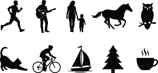 Obraz premium Black silhouette icons collection featuring people animals and leisure activities
