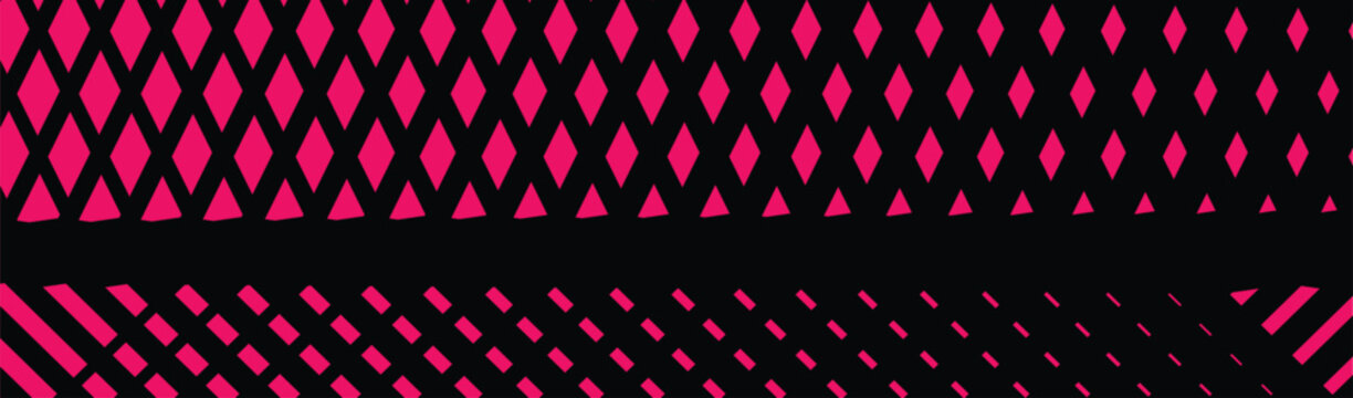 Abstract diamond halftone pattern background. Vibrant pink geometric rhombus grid fading across a black backdrop with dynamic perspective effect. Modern vector design for technology, fashion, branding