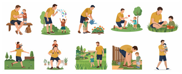 Fototapeta premium Father and Son Outdoor Activities Flat Vector Illustration Set: Parenting and Bonding Moments in the Garden and Park