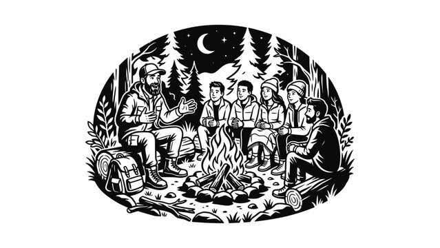 Scout Leader Tells Stories Around Campfire to Group of Children in Forest