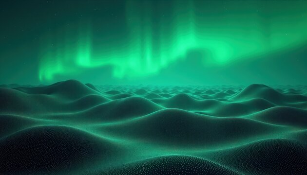 Abstract green glowing waves under aurora borealis sky. Digital landscape made of small dots forming hills. Futuristic nature scene, sci-fi atmosphere, outer space feel.