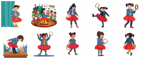 Fototapeta premium Set of diverse little girls performing on stage with tambourines, wearing red skirts and denim jackets, flat vector illustration
