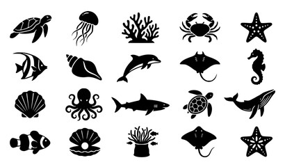 Marine Life Silhouette Icons Vector Collection with Turtle Jellyfish and Coral Reef © Razu