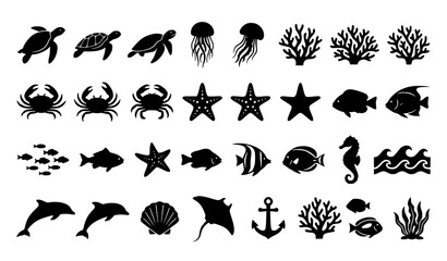 Ocean Animal Symbols Monochrome Vector Icon Collection © Razu