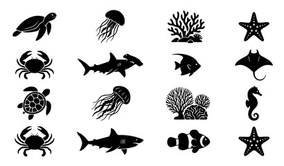 Black Marine Life Icons Vector Illustration Pack for Ocean and Beach Designs © Razu