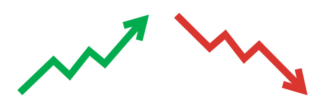 Green arrow trending up red arrow trending down vector illustration, opposing direction symbols for finance growth decline, analytics, and market trends