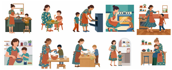 Fototapeta premium Set of mother and son bonding activities in the kitchen flat illustration, cooking, baking cookies, washing dishes and family quality time concept