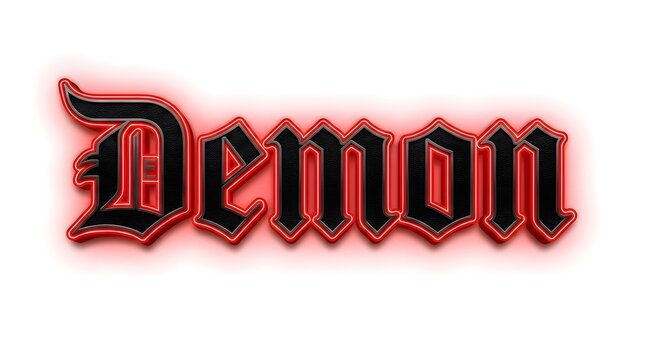 Demon text with gothic black and red glowing 3d effect isolated on white background