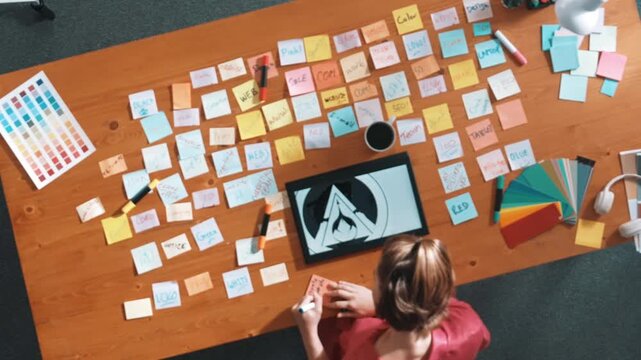 Top view of business team write graphic logo on meeting table with colorful sticky notes and design while explain idea. Project manager sharing idea and explain concept art to smart team. Symposium.