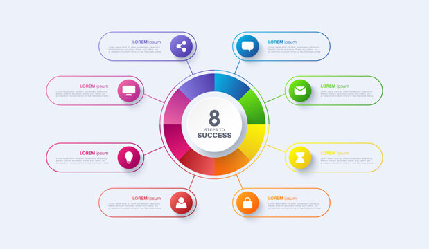 Vector infographic label design with circle infographic template design with 8 options or steps. Vector template for process diagrams, presentations and workflows