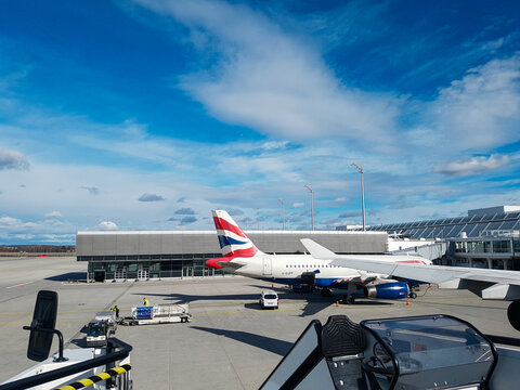 Munich, Germany - March 13, 2018 - British Airways Airbus A319 Parked at Munich Airport Terminal
