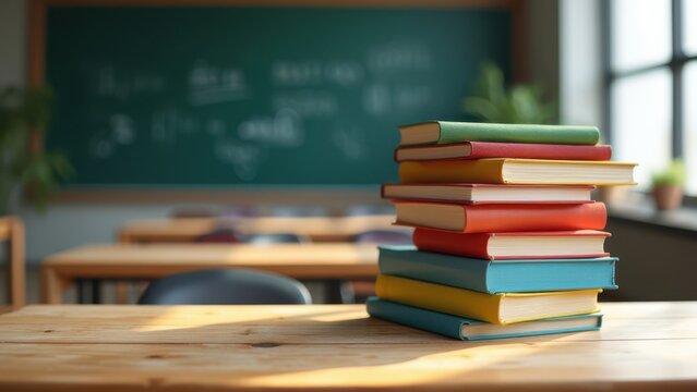 colorful hardcover books stacked on rustic wooden desk with blackboard backdrop natural light for education marketing concept