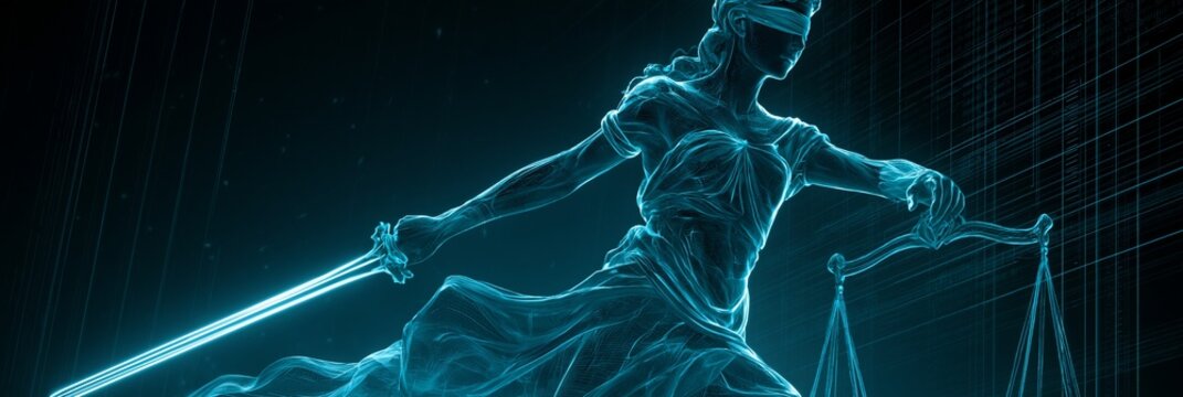 Medium shot of a glowing neon wireframe Lady Justice with a blindfold electric cyan sword and scales set against a dark cyber law background with a digital grid in a futuristic 3D