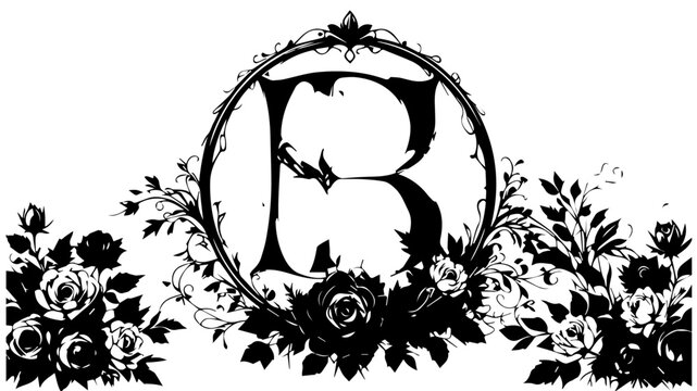 Letter B monogram appears inside a decorative circular frame surrounded by intricate black roses and lush foliage on a stark white background.