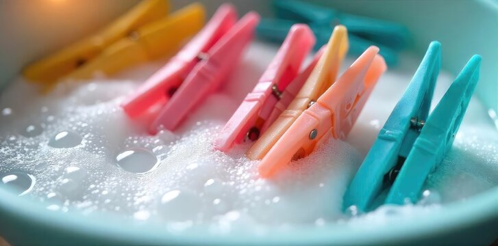 Close-up of pegs being washed in a basin of soapy water, bubbles visible Clean laundry essentials, preparation for hanging Bright, cheerful image , basin, clothes pegs