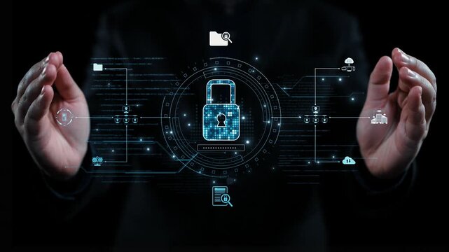 Digital concept illustrating hands presenting a lock symbol surrounded by data flow elements, highlighting cybersecurity themes and digital protection in a modern environment. Qubit