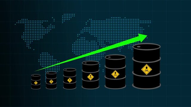Commercial oil barrels track rising international market demand. Standard oil barrels global fuel commodities trading growth metrics. Resource economics concept using classic oil barrels.