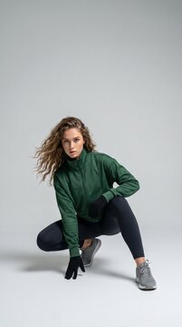 Confident athletic woman in green jacket crouching in studio