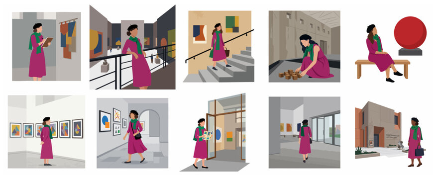 Flat illustration collection of a stylish woman visiting a contemporary art museum, exploring modern exhibitions, sketching, and appreciating abstract artworks.
