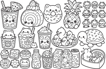 Obraz premium Cute sweet food and drink illustrations for children and design projects