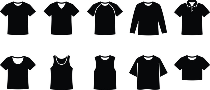 Black silhouette t shirt collection diverse styles for design mockups
