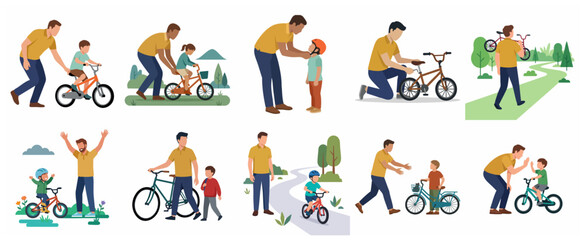 Fototapeta premium Father teaching child to ride bicycle set of flat illustrations of family bonding and outdoor summer activities