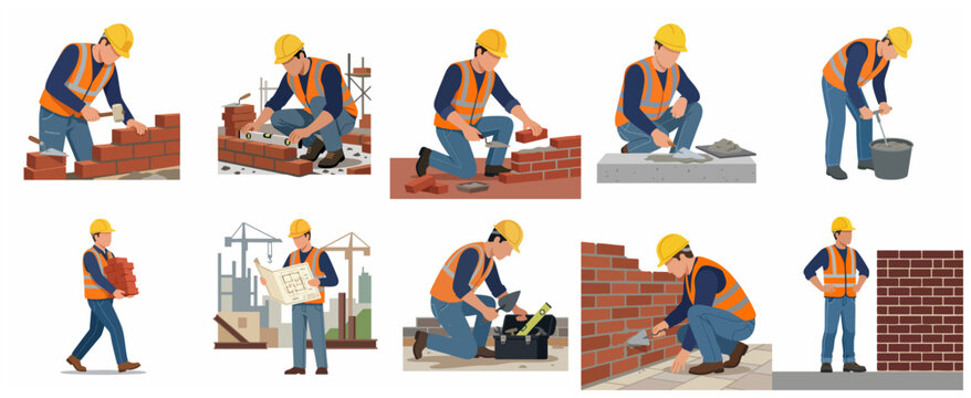 Construction workers and masons set building brick walls, professional bricklayers working with tools and blueprints on white background.