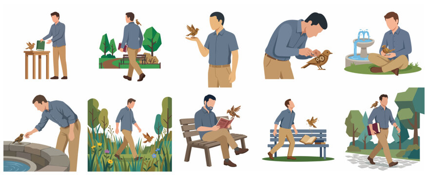 Vector illustration set of a man interacting with a mechanical clockwork bird in various scenes including park walks, reading on a bench, and repairing the robotic creature.