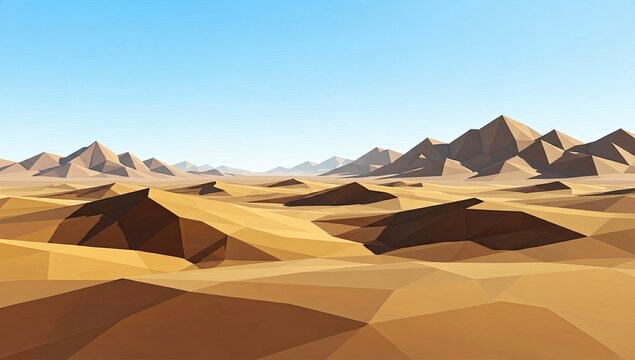 Stylized low poly desert landscape with sand dunes and mountains under a clear blue sky, graphic art.