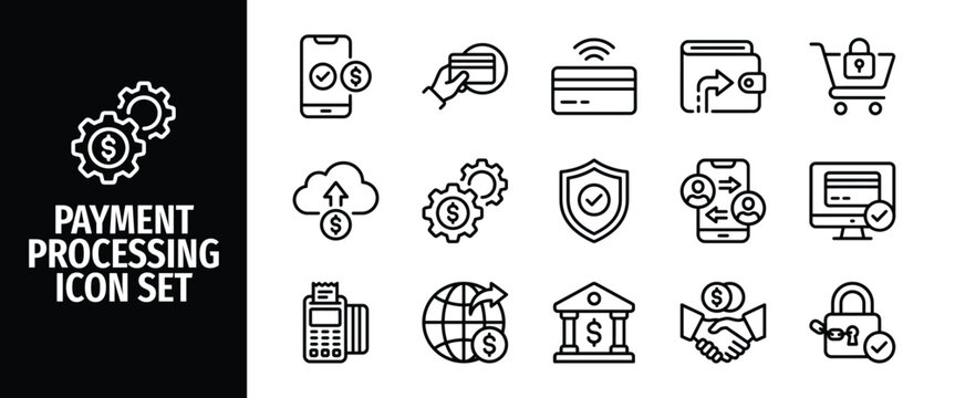 Payment processing icon set, thin line style, vector illustration, financial technology, digital wallet, secure transaction, banking, online shopping, money transfer, credit card payment