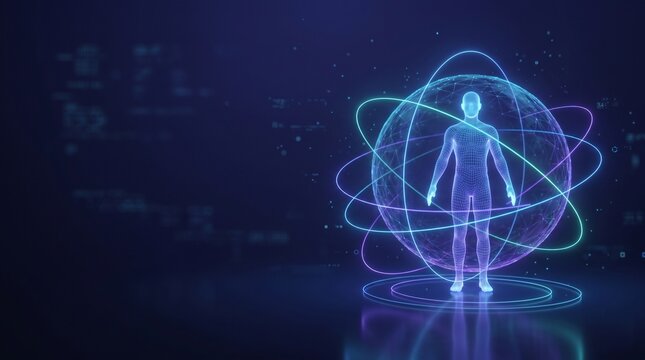 Glowing digital human body standing inside orbital energy rings