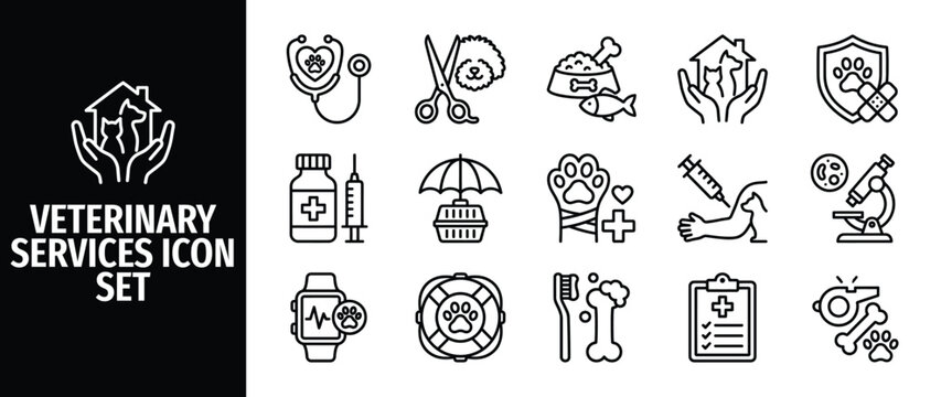 Veterinary services icon set thin line icons for pet care, clinic, grooming, vaccination, pet health, and animal hospital vector illustration
